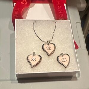CHANEL Silver and Pink Heart Necklace Set